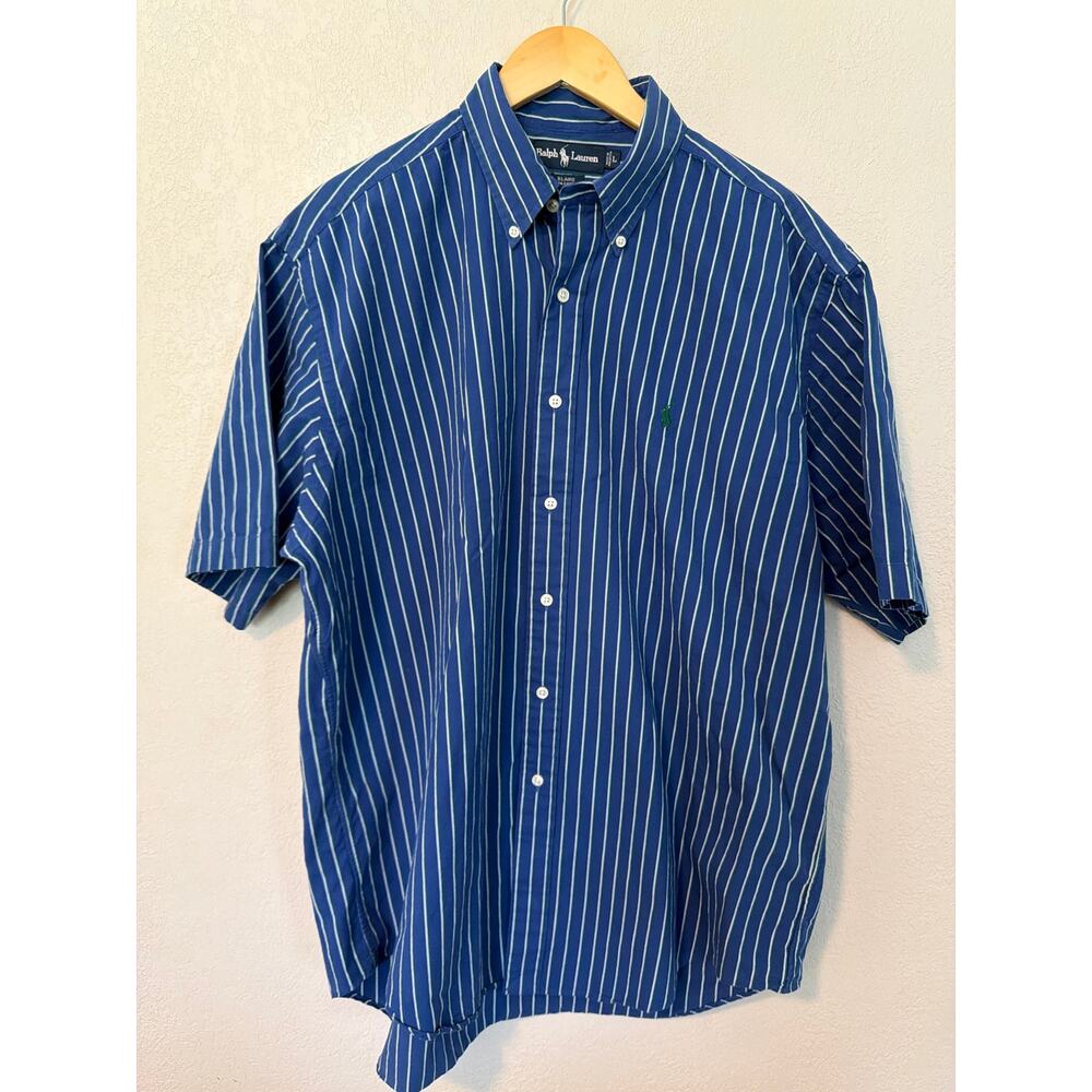 Ralph Lauren Blaire 100% Cotton short-sleeve button-down blue striped shirt SZ L